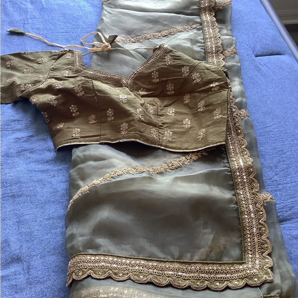 Olive Green Embroidered Saree with Blouse